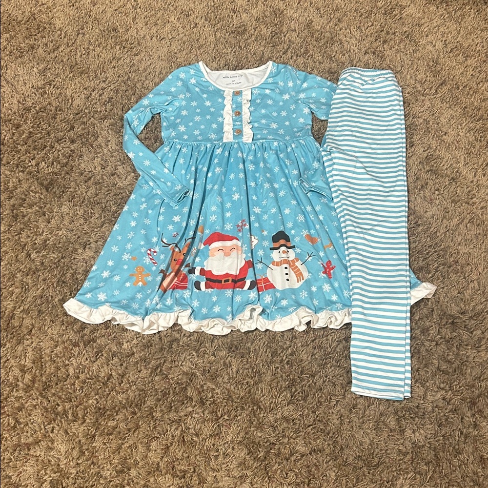 Millie loves Lily Blue and white snowflake Santa and Snowman Dress and Leggings
